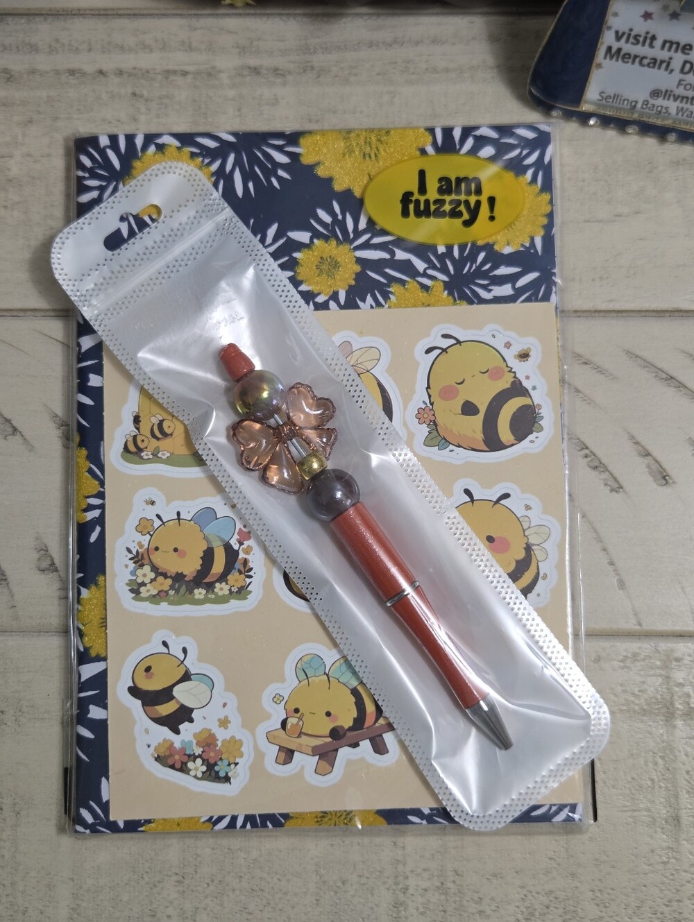 Cute Bumblebee Stationery Set, Notepad, Stickers & Custom Beaded Butterfly Pen